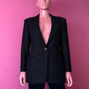 Vintage 80s S JNY Navy Blue Gold Blazer Tweed Single Breasted Glam Suit Jacket